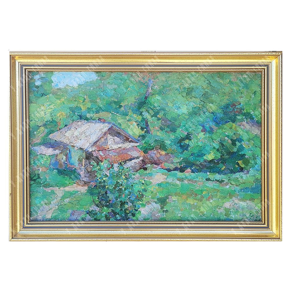 Динес Ю. С. Дом, утопающий в зелени (Зеленый пейзаж). Саратов. Холст, масло. 1947 Динес Ю. С. Дом, утопающий в зелени (Зеленый пейзаж). Саратов. Холст, масло. 1947
