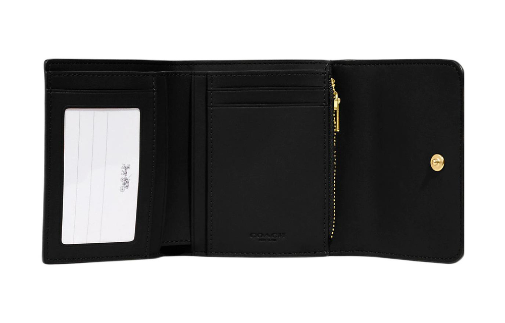 COACH Trifold Wallet Canvas With Leather Card Holder, Wallet Small Women"s Brown & Black