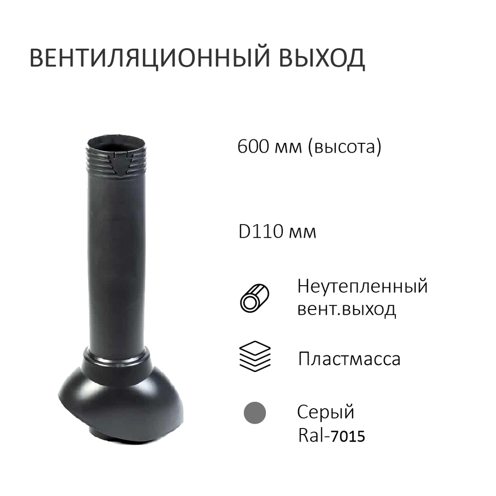 Комплект вентиляции: Вентиляционный выход D110 не утепленный высота H=500 мм, проходной элемент ТР-87/К для скатной кровли металлочерепицы Каскад, колпак вентиляционный D110, серый