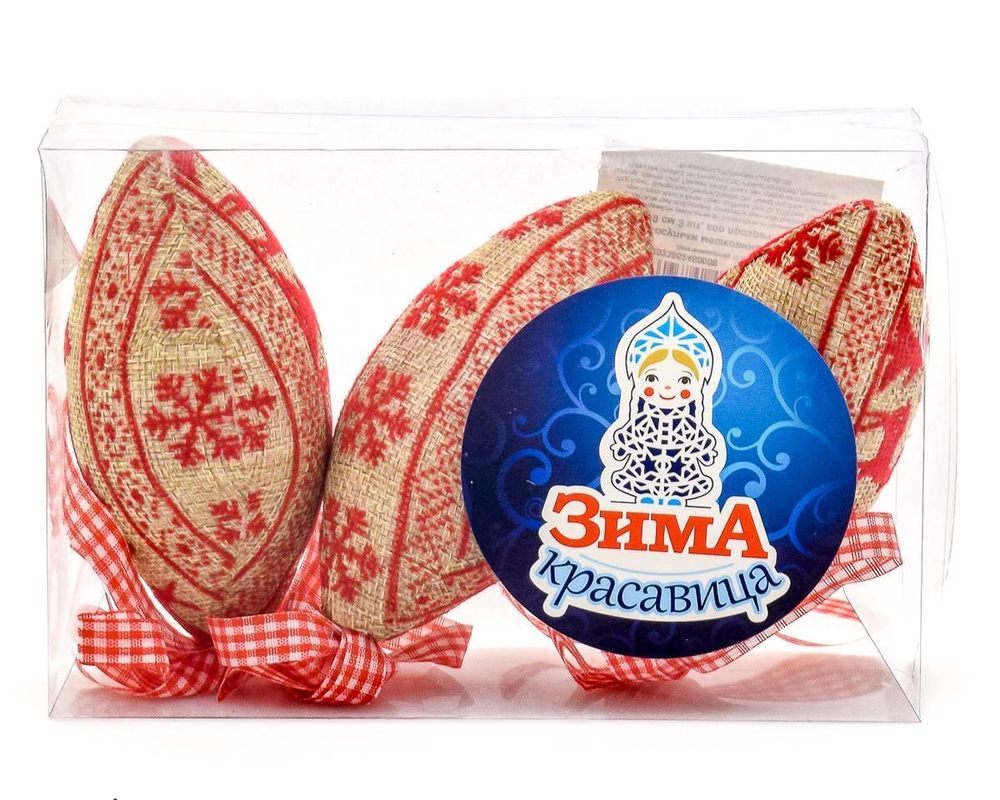 Ел игр Сосульки мешковина с красным узором 9 см 3 шт, кор прозрач