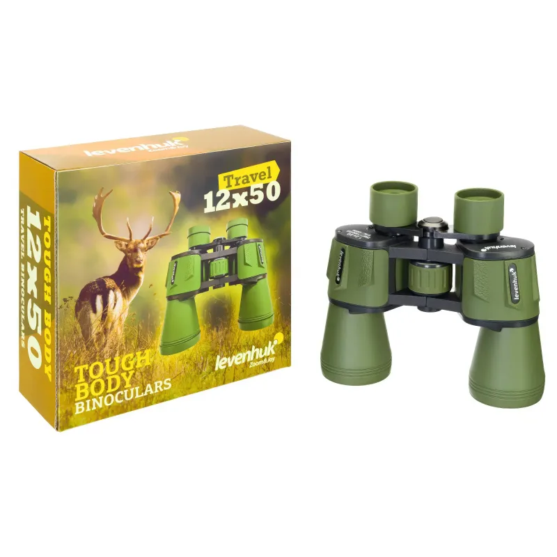 Бинокль Levenhuk Travel 12x50 - рядом с коробкой, фронтальный вид