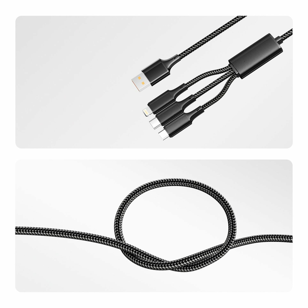 Кабель USB 3в1 Type-С (6A), Lightning (2,4A), micro USB (3A) 1,2м, в черной оплетке REXANT 18-7075