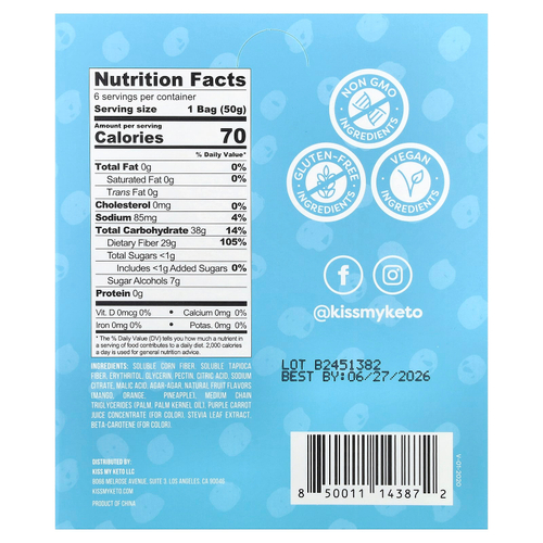 Kiss My Keto, Gummy Candy, тропические кольца, манго, апельсин и ананас, 6 пакетиков по 50 г (1,76 унции)