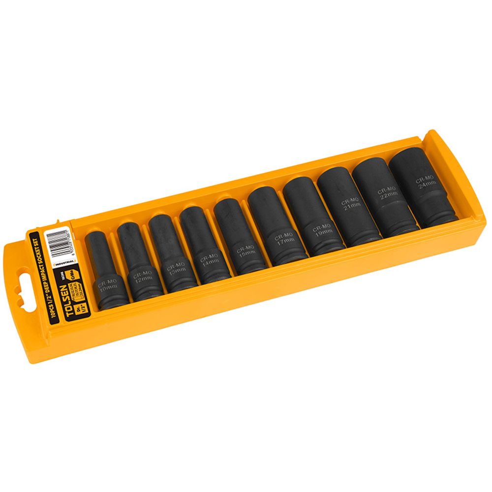 TOLSEN (TT18296) Набор ударных глубоких торцевых головок 1/2", шестигранные, 10-24 мм, 10 предметов TOLSEN (TT18296) Набор ударных глубоких торцевых головок 1/2", шестигранные, 10-24 мм, 10 предметов