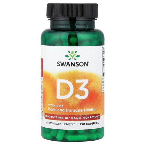 Swanson Vitamins, витамин D3, высокоактивный, 25 мкг (1000 МЕ), 250 капсул