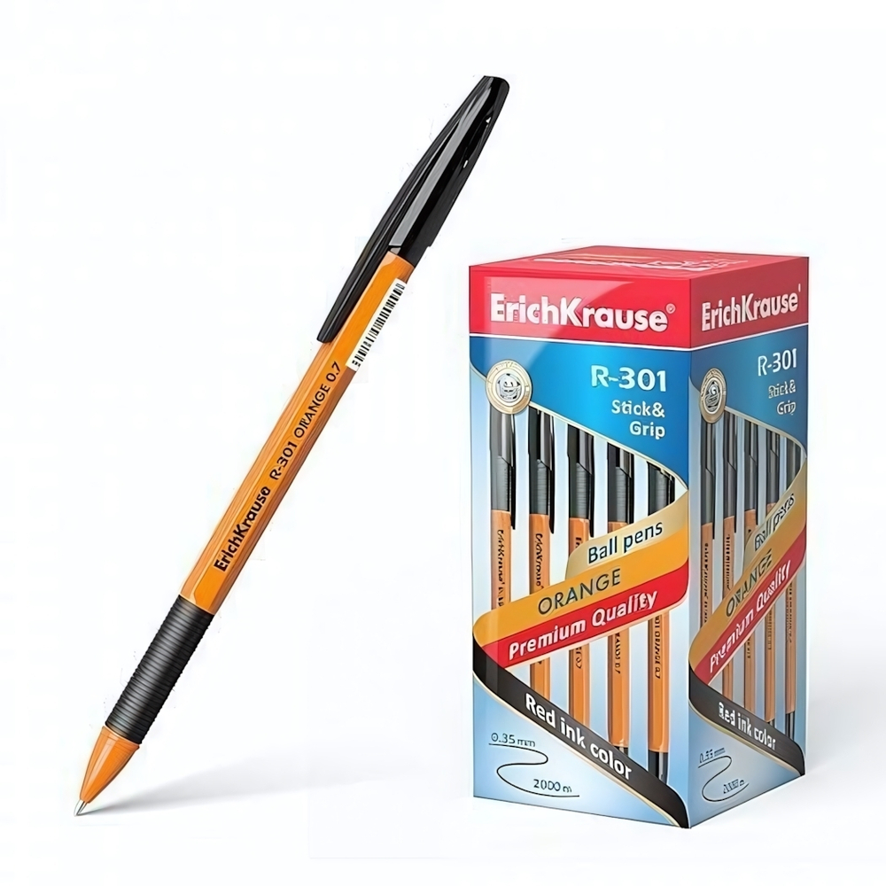 Ручка шариковая 0,7 мм, черная "R-301 Orange Stick&Grip" (ErichKrause)