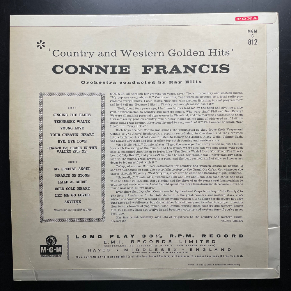 Connie Francis ‎– Country And Western Golden Hits (Англия 1960г.)