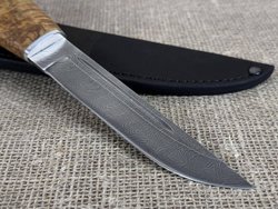 Финский нож Леуку, дамасская сталь, рукоять карельская берёза