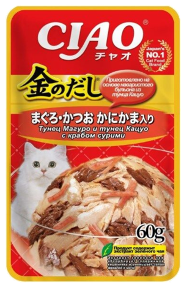 Inaba Ciao Kinnodashi Тунец Магуро/Тунец Кацуо с крабом сурими в желе пауч для кошек 60 г