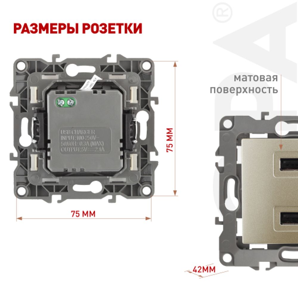 12-4110-04 ЭРА Устройство зарядное USB, 230В/5В-2100мА, IP20, Эра12, шампань | Эра 12