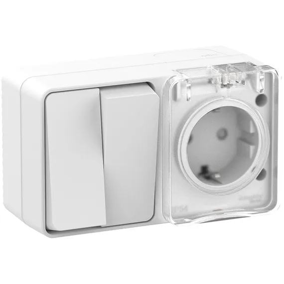 Блок розетка + выключатель двухклавишный IP54 Systeme Electric AtlasDesign Profi54 Белый ATN540174