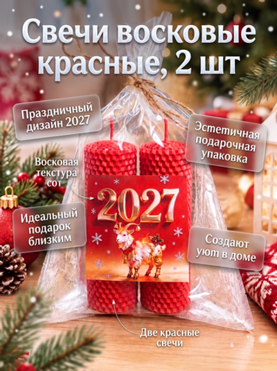 Свечи новогодние красные подарочные, 13х5см. набор 2 штуки