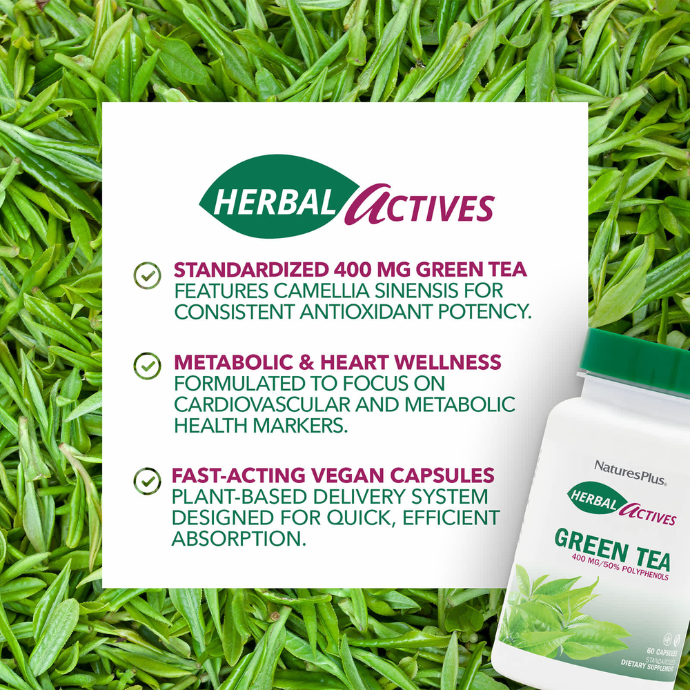 NaturesPlus, Herbal Actives, зеленый чай, 400 мг, 60 капсул