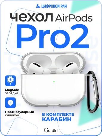 Чехол Gurdini силиконовый для наушников Apple Airpods Pro 2 прозрачный