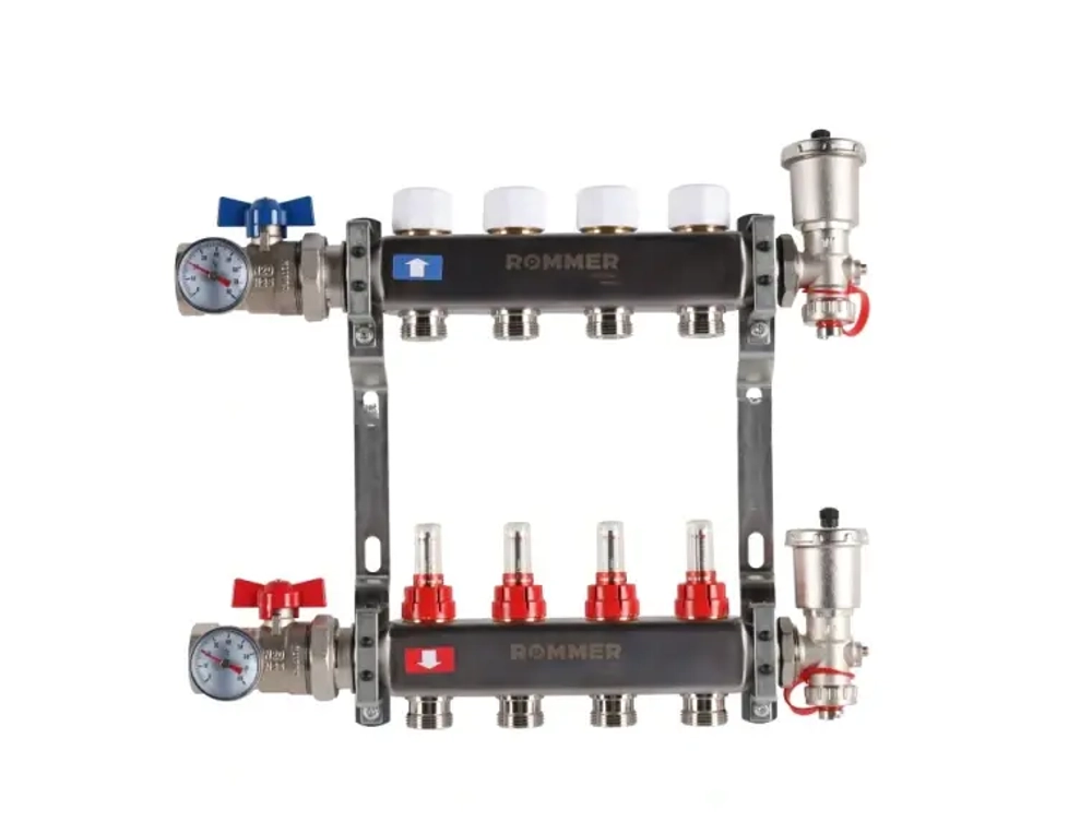 Колекторная группа для теплого пола из нержавеющей стали Rommer 1* х 3/4* - 4 выхода (в сборе с расходомерами)