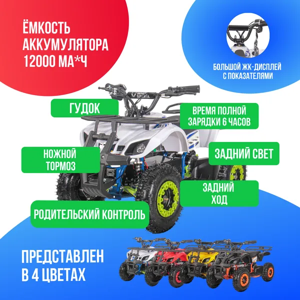 Детский электроквадроцикл WHITE SIBERIA SNEG MINI 1000W - Голубой фото №4