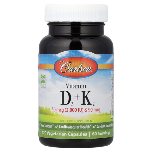 Carlson, Витамин D3 и K2, 50 мкг (2000 МЕ) и 90 мкг, 120 вегетарианских капсул
