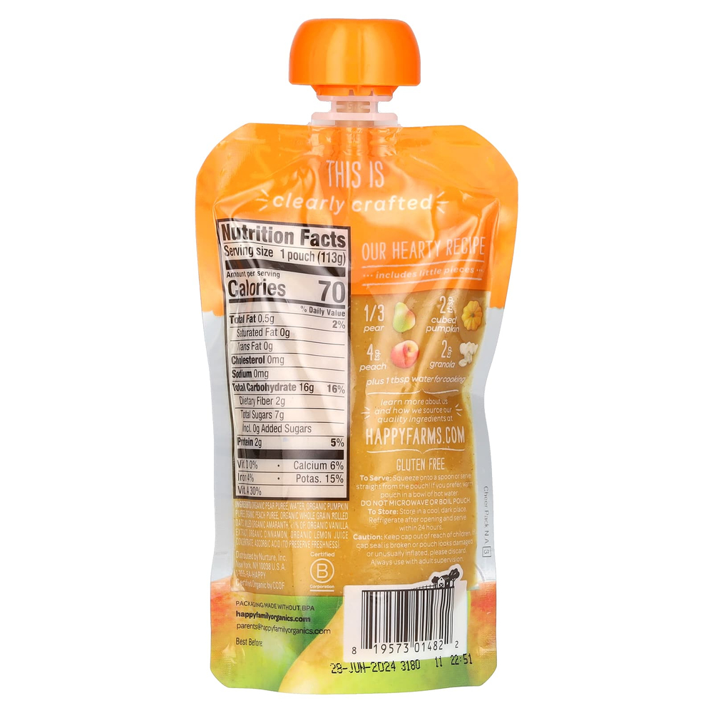 Happy Family Organics, Happy Baby®, органическое детское питание, для детей от 6 месяцев, груши, тыква, персики и гранола, 113 г (4 унции)