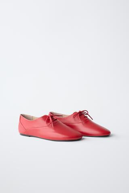 ZARA КОЖАНЫЕ ТУФЛИ-ДЕРБИ СО ШНУРОВКОЙ, КРАСНЫЙ