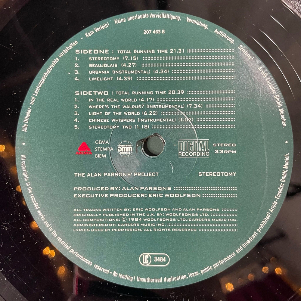 Винтажная виниловая пластинка LP The Alan Parsons Project Stereotomy (Germany 1985) Limelight