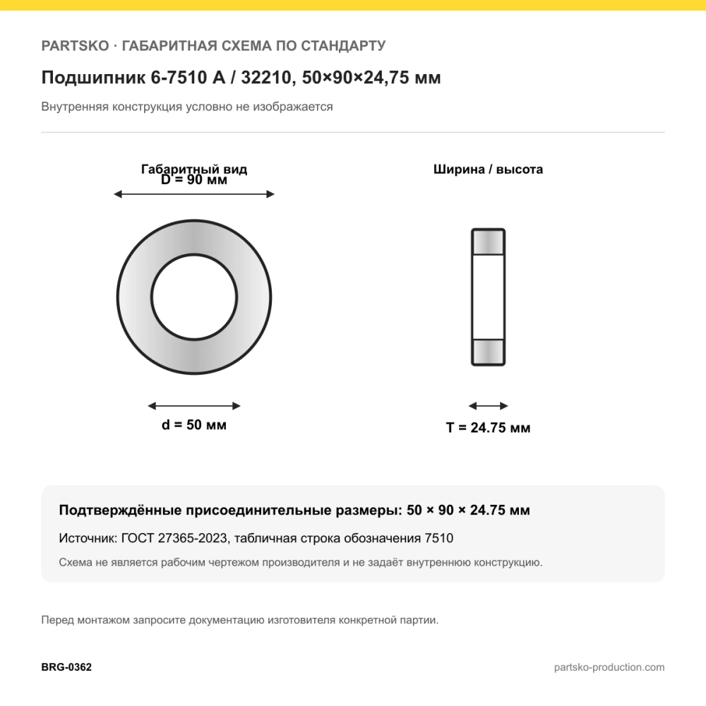 Габаритная схема Подшипник 6-7510 А / 32210, 50×90×24,75 мм, APP-GROUP: 50×90×24.75 мм по ГОСТ 27365-2023