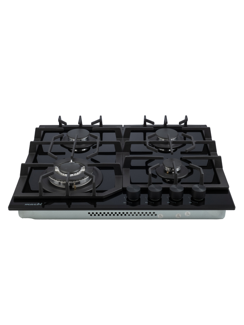 Газовая варочная панель шириной 60 см, Macbi MBH64WFGI.V2-BL Чернаяс Wok-конфоркой, Черное закаленное стекло, Электроподжиг, Газ-контроль, Решетки из чугуна