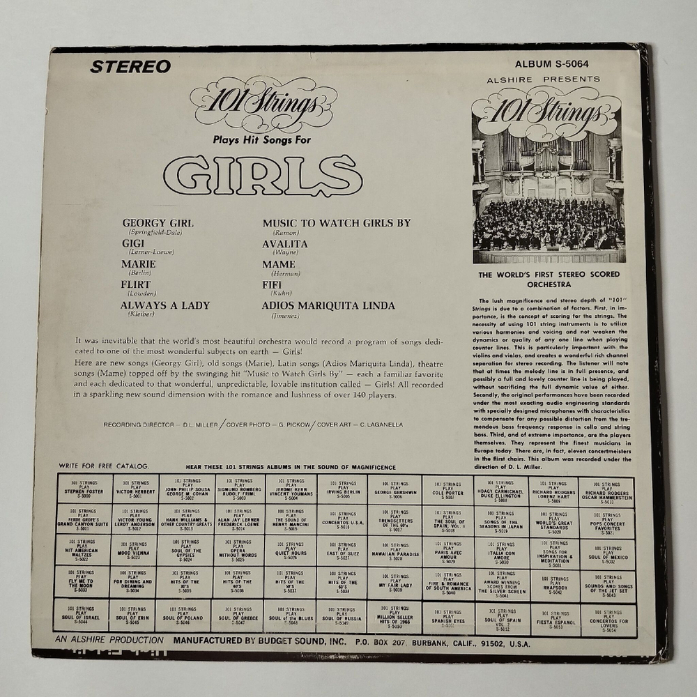 Винтажная виниловая пластинка LP 101 Strings Plays Hit Songs For Girls (USA 1967)