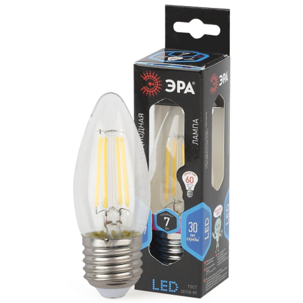 Лампа светодиодная ЭРА F-LED B35-7W-840-E27 7Вт филамент свеча нейтральный белый свет Е27 | Без бренда