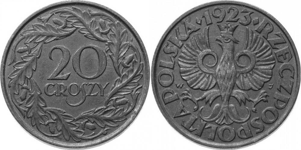 Польша 20 грошей, 1923 Цинк - Герб XF