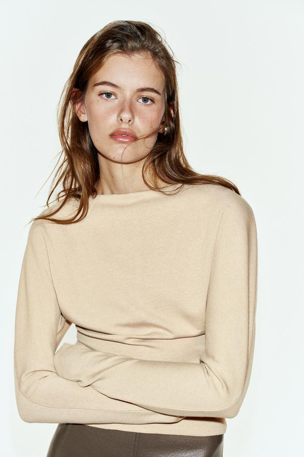 ZARA ФУТБОЛКА ОБТЯГИВАЮЩАЯ С ДЛИННЫМИ РУКАВАМИ, БЕЖЕВЫЙ МЕЛАНЖ