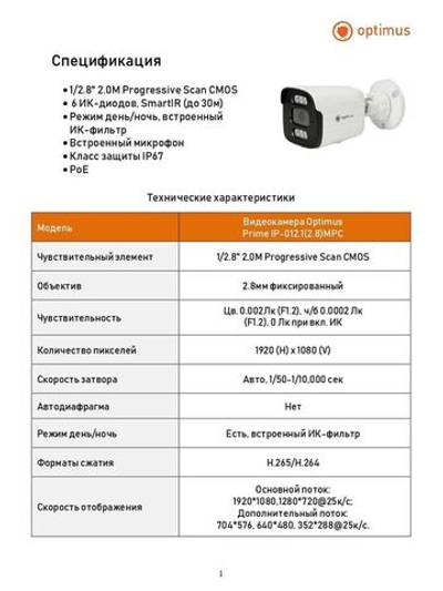 Видеокамера Optimus Prime IP-012.1(2.8)MPC