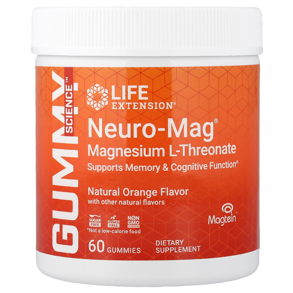 Life Extension, Neuro-Mag®, L-треонат магния, с натуральным апельсиновым вкусом, 60 жевательных таблеток (36 мг в 1 таблетке)