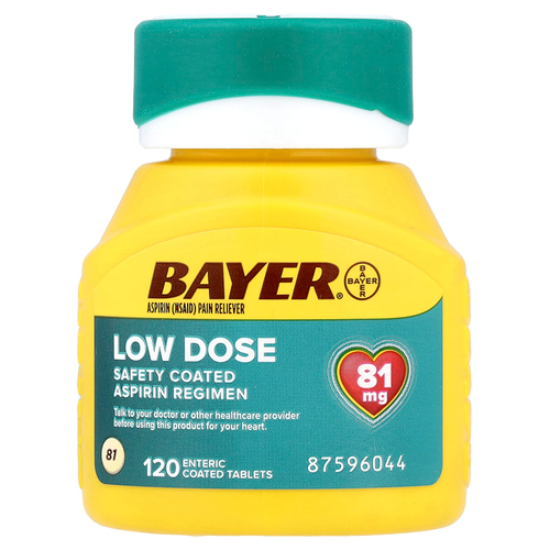 Bayer, Схема приема аспирина с безопасным покрытием, низкая доза, 81 мг, 120 таблеток, покрытых кишечнорастворимой оболочкой
