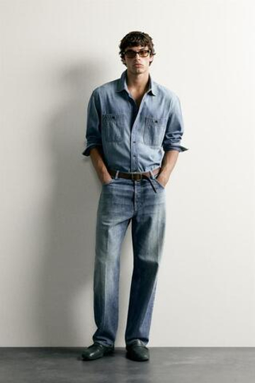 ZARA ДЖИНСЫ RELAXED FIT СО СТРЕЛКАМИ, СИНИЙ