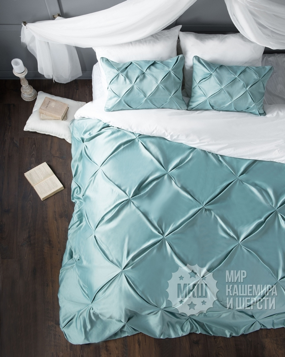 Шторы и покрывало в комплекте ШАНТИ (арт. BL10-109-09) - 300х270, (170х270)х2 см., покрывало 250х270 см. - светло-бирюзовый