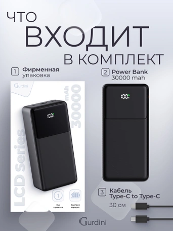 Дополнительный аккумулятор Gurdini LCD Series 22.5W GPLCD-300B 30000 mAh Черный