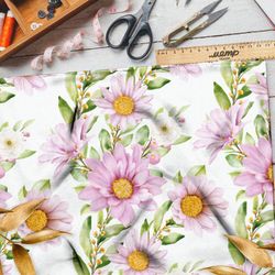 Ткань мембрана нежные розовые цветы и акварельные листья на белом фоне
