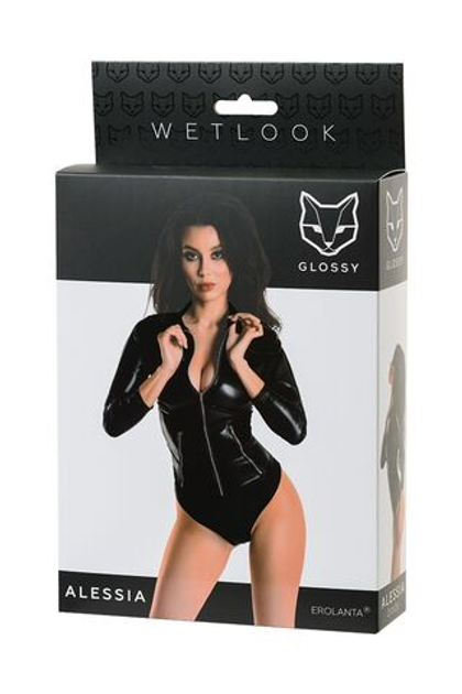 Glossy Alessia - Боди из материала Wetlook на молнии, черное, XL