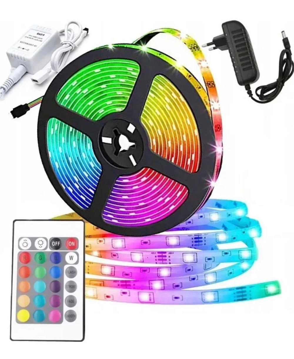 Светодиодная многоцветная RGB лента, 5 м. с блоком питания и пультом