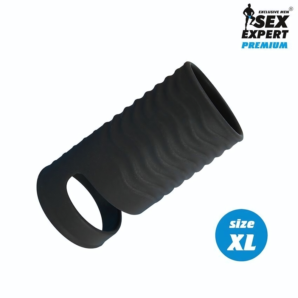 Черная открытая насадка на пенис с кольцом для мошонки XL-size - 8,9 см. (Цвет: черный)