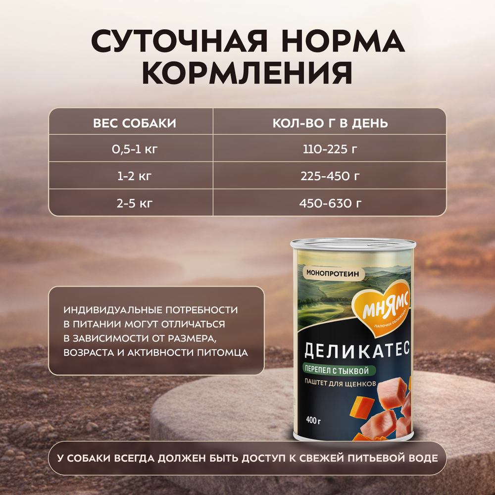 Влажный корм Мнямс Деликатес Паштет из перепёлки с тыквой для щенков всех пород "Потофё по-провански" 12шт по 400 г