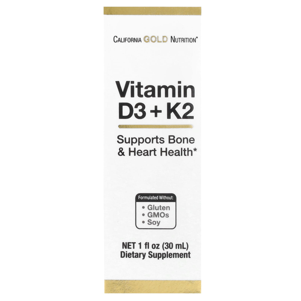 California Gold Nutrition, витамины D3 и K2 в виде MK4, 25 мкг (1000 МЕ), 30 мл (1 жидк. унция)