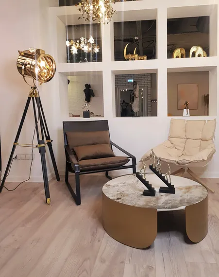 Журнальный столик Stone Antique L, Ø90х30 см, латунь, керамогранит