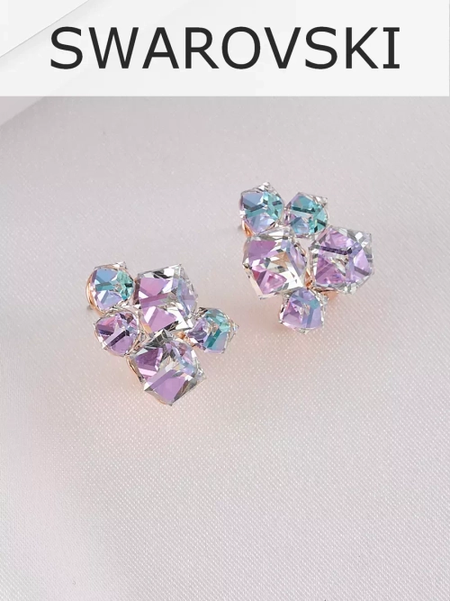 Серьги гроздья Мираж с сиреневыми кубиками Swarovski
