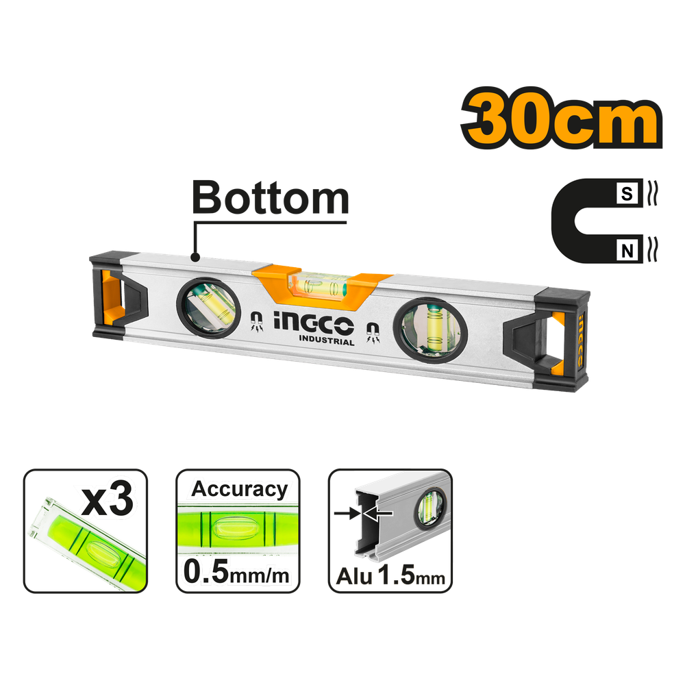 Строительный алюминиевый уровень магнитный INGCO HSL38030M INDUSTRIAL 30 см Строительный алюминиевый уровень магнитный INGCO HSL38030M INDUSTRIAL 30 см