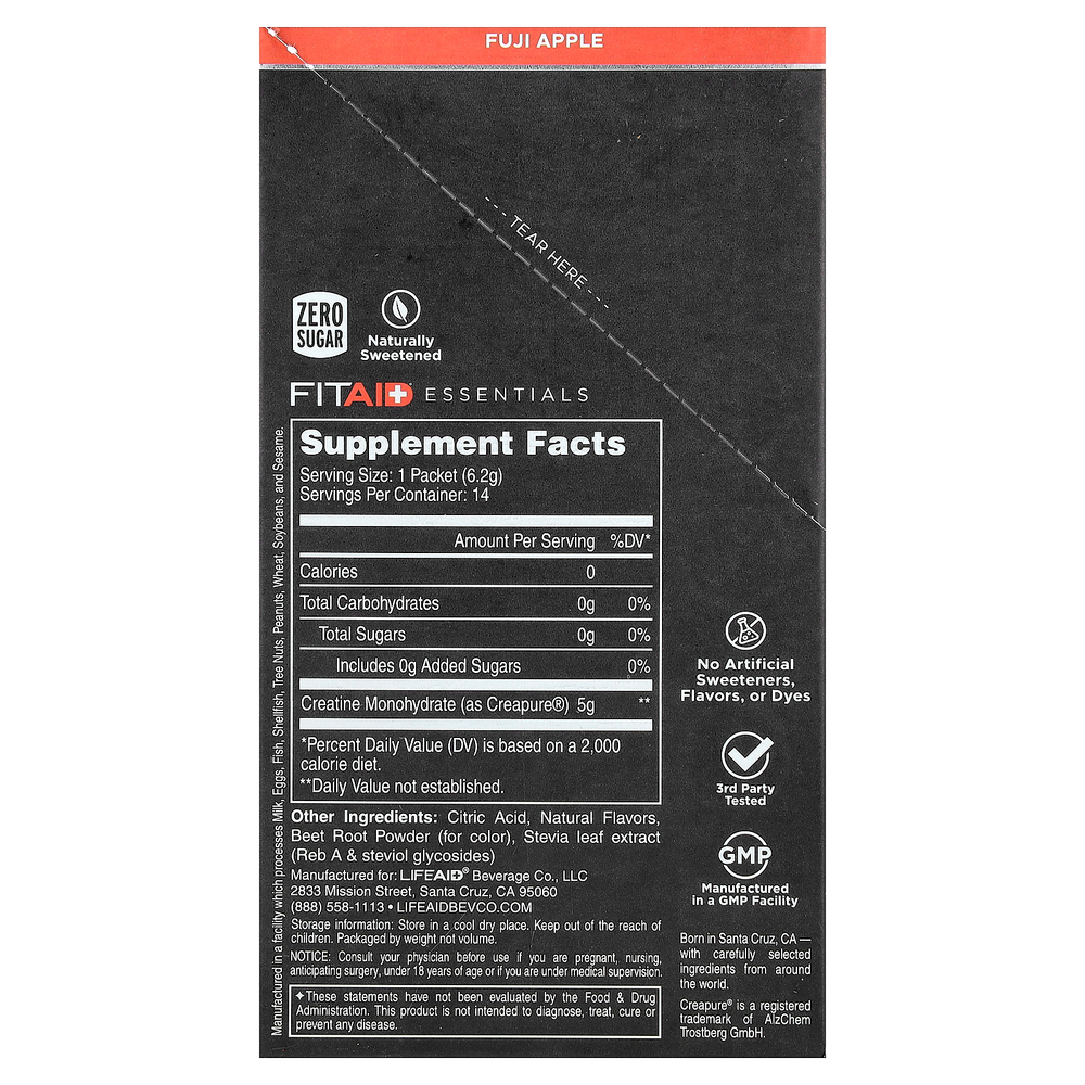 FITAID, Essentials, моногидрат креатина, яблоко Фуджи, 14 стиков по 6,2 г (0,22 унции)