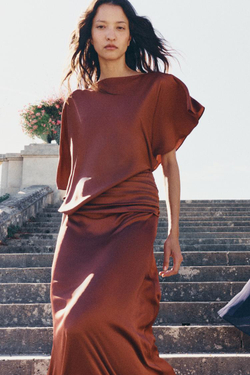 ZARA ДЛИННОЕ АТЛАСНОЕ ПЛАТЬЕ ИЗ КОЛЛЕКЦИИ ZW, ТЕМНО-РОЗОВЫЙ