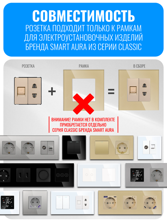 Розетка комбинированная Smart Aura для роутера 220В + интернет RJ45 серия Classic без рамки