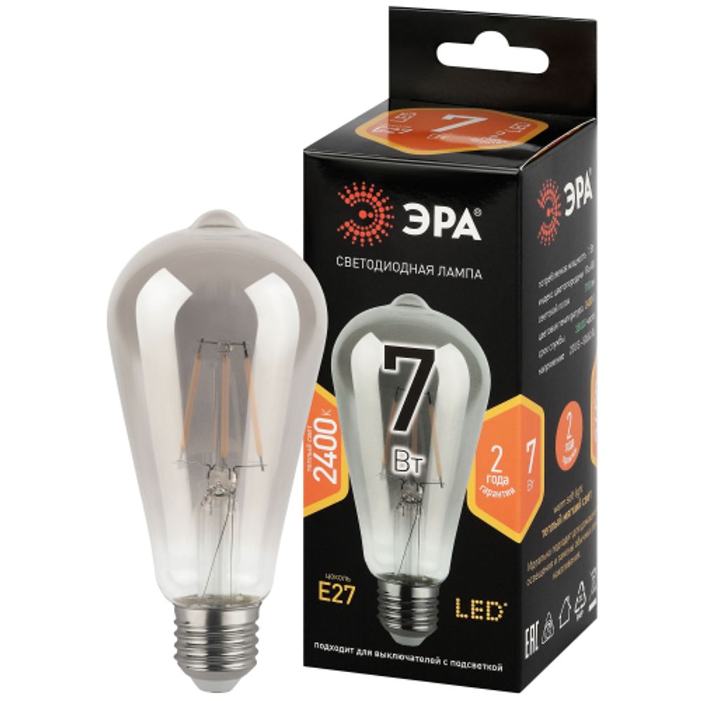 Лампа светодиодная ЭРА F-LED ST64-7W-824-E27 smoky 7Вт филамент дымчатая теплый белый свет Е27 | Филаментные декоративные