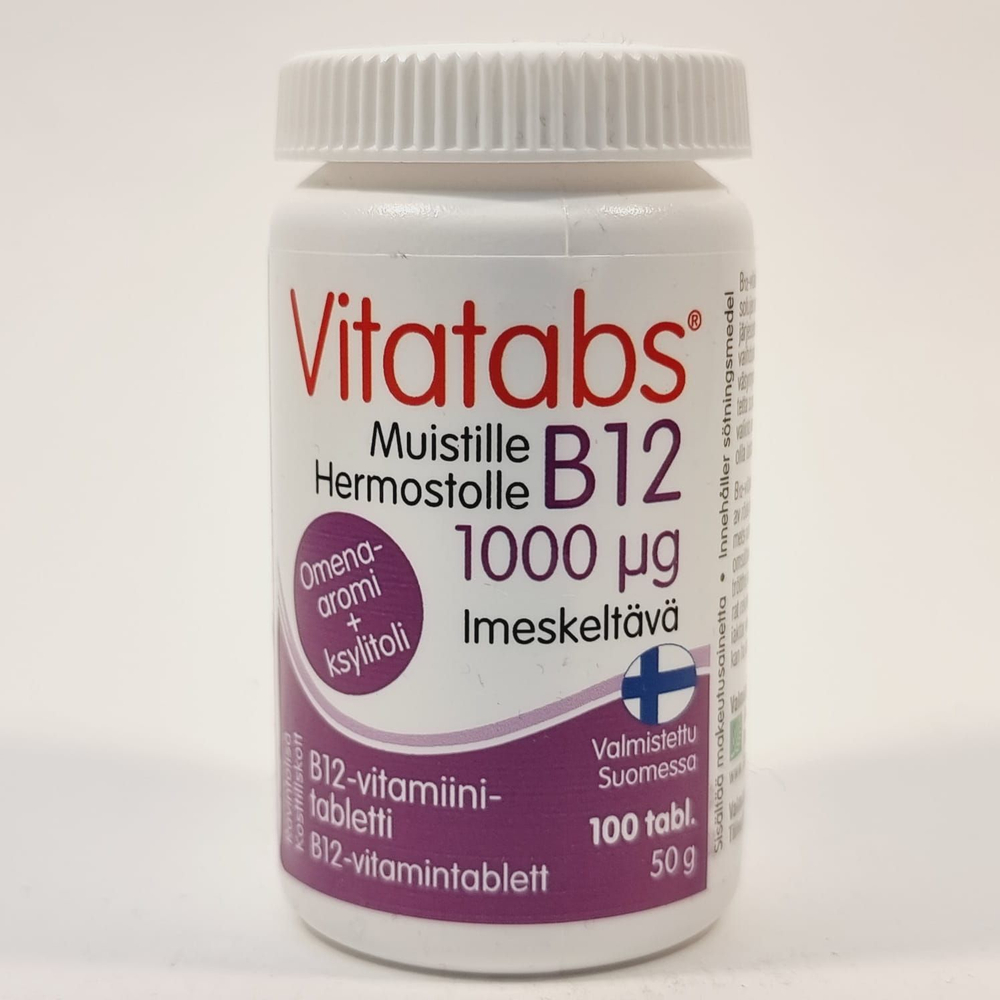 Vitatabs Цианкобаламин (B12) 1000 мкг + ксилит, 100 таблеток со вкусом яблока, 50 г (из Финляндии)